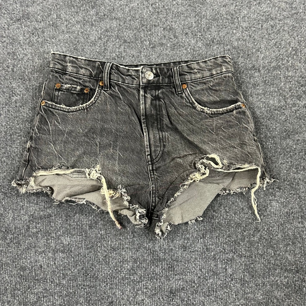Zara Denim Shorts Womens Size 8 Black Distressed Raw Hem High Waisted Cotton
